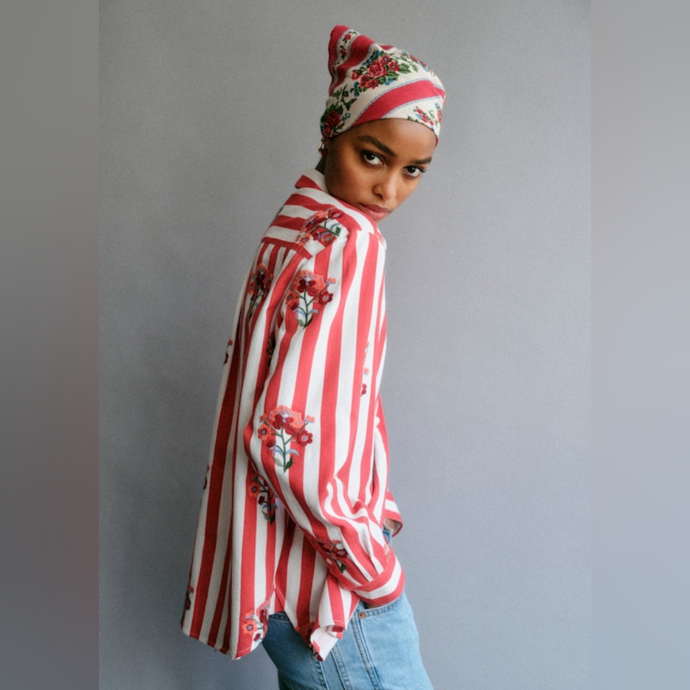 Sezane MAXY ROSE ๐น Embroidered Flowers on Red And White Stripes Size 34 - Picture 4 of 11